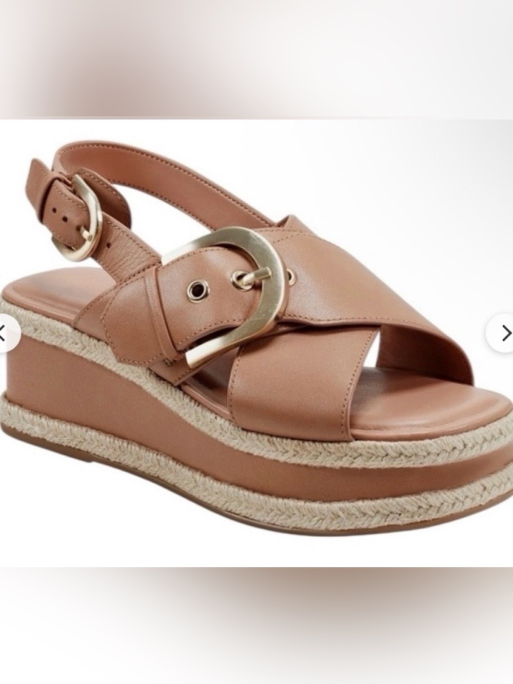 Marc Fisher Tan Leather Espadrille Platform Wedges with Buckle